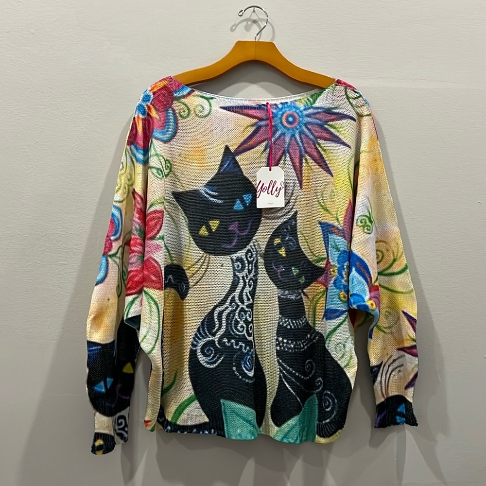 Yolly Black Cats and Flowers Sweater